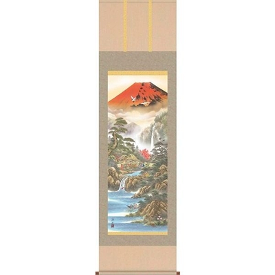 掛軸/開運画/開運山水/招福赤富士来光図/宇崎洋山/幸洋会/洛彩緞子本表装/尺三サイズ幅44.5cm&times;高さ164cm/化粧箱収納/表装品質十年保証