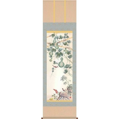 掛軸/開運画/開運花鳥/消災六瓢南天図/片山観雪/曉山会/洛彩緞子本表装/尺五サイズ幅54.5cm/桐箱畳紙収納/表装品質十年保証