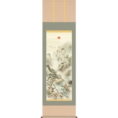 掛軸/開運画/開運山水/蓬莱四神吉相図/狭山観水/趣粋会/洛彩緞子本表装/尺三サイズ幅44.5cm&times;高さ164cm/化粧箱収納/表装品質十年保証