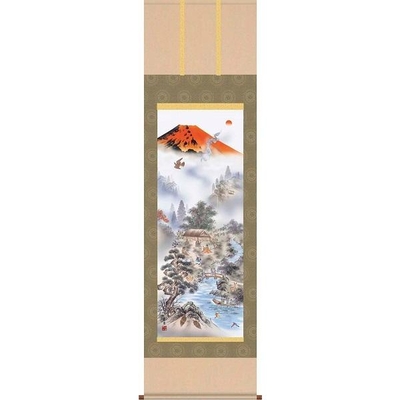 掛軸/開運画/開運山水/赤富士四神万全図/有馬荘園/清瀧会/洛彩緞子本表装/尺三サイズ幅44.5cm&times;高さ164cm/化粧箱収納/表装品質十年保証