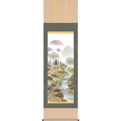 掛軸/開運画/開運山水/風水霊峰四神図/狭山観水/趣粋会/洛彩緞子本表装/尺五サイズ幅54.5cm/桐箱畳紙収納/表装品質十年保証