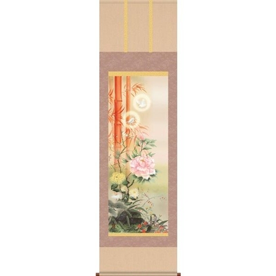 掛軸/開運画/開運花鳥/吉祥百花繚乱図/片山観雪/曉山会/洛彩緞子本表装/尺五サイズ幅54.5cm/桐箱畳紙収納/表装品質十年保証