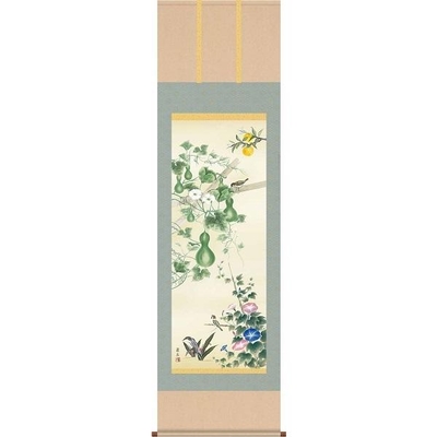 掛軸/開運画/開運花鳥/六瓢息災吉祥図/高見蘭石/三美会/洛彩緞子本表装/尺五サイズ幅54.5cm/桐箱畳紙収納/表装品質十年保証