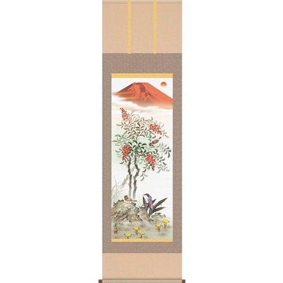 掛軸/開運画/開運花鳥/紅白南天霊峰図/須藤栄心/趣粋会/洛彩緞子本表装/尺五サイズ幅54.5cm/桐箱畳紙収納/表装品質十年保証