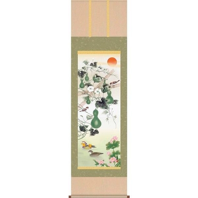 掛軸/開運画/開運花鳥/六瓢息災鴛鴦図/井原蒼竹/竹翠会/洛彩緞子本表装/尺五サイズ幅54.5cm/桐箱畳紙収納/表装品質十年保証