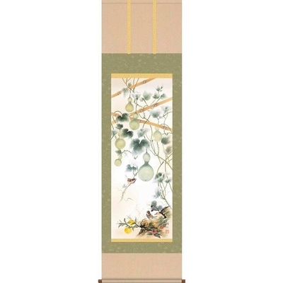 掛軸/開運画/開運花鳥/開運六瓢息災図/伊藤翔風/白雲書道会/洛彩緞子本表装/尺五サイズ幅54.5cm/桐箱畳紙収納/表装品質十年保証