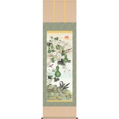 掛軸/開運画/開運花鳥/六瓢息災福寿/井原蒼竹/竹翠会/洛彩緞子本表装/尺五サイズ幅54.5cm/桐箱畳紙収納/表装品質十年保証
