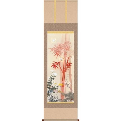 掛軸/開運画/開運花鳥/吉祥四君子繚乱図/根本孝逸/弥栄会/洛彩緞子本表装/尺五サイズ幅54.5cm/桐箱畳紙収納/表装品質十年保証