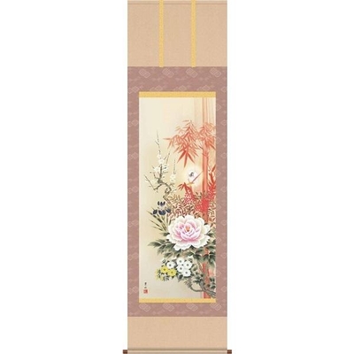 掛軸/開運画/開運花鳥/四季花吉祥競艶図/緒方葉水/清瀧会/洛彩緞子本表装/尺三サイズ幅44.5cm/化粧箱収納/表装品質十年保証