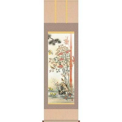 掛軸/開運画/開運花鳥/消災南天三友図/田村竹世/三美会/洛彩緞子本表装/尺三サイズ幅44.5cm/化粧箱収納/表装品質十年保証