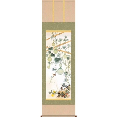掛軸/開運画/開運花鳥/開運六瓢息災図/伊藤翔風/白雲書道会/洛彩緞子本表装/尺三サイズ幅44.5cm/化粧箱収納/表装品質十年保証