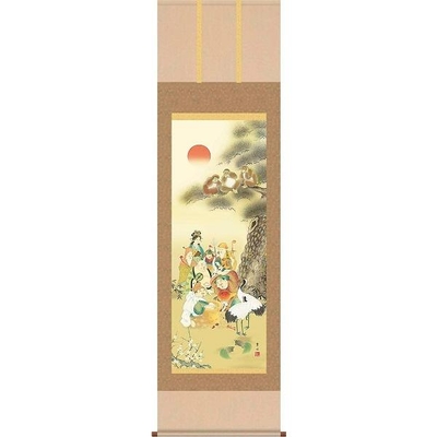 掛軸/開運画/開運七福神/七福縁起三猿図/緒方葉水/清瀧会/洛彩緞子本表装/尺三サイズ幅44.5cm/化粧箱収納/表装品質十年保証