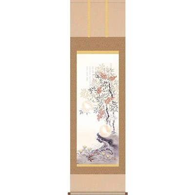 掛軸/開運画/開運花鳥/消災南天白雀図/久我直哉/趣粋会/洛彩緞子本表装/尺三サイズ幅44.5cm/化粧箱収納/表装品質十年保証