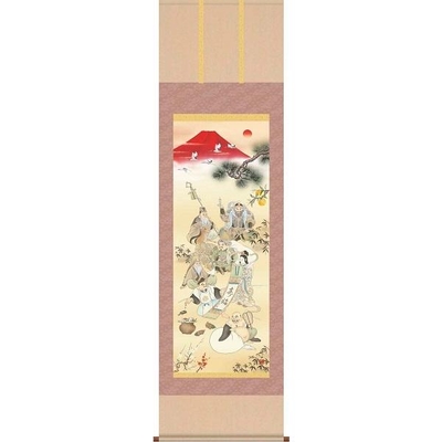 掛軸/開運画/開運七福神/開運七福招来図/江本修山/洛友会/洛彩緞子本表装/尺三サイズ幅44.5cm/化粧箱収納/表装品質十年保証