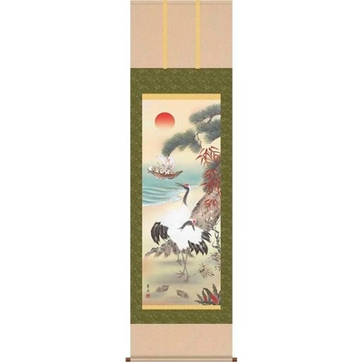 掛軸/開運画/開運鶴亀/鶴亀三友福神図/遠山翠洋/幸洋会/洛彩緞子本表装/尺三サイズ幅44.5cm/化粧箱収納/表装品質十年保証