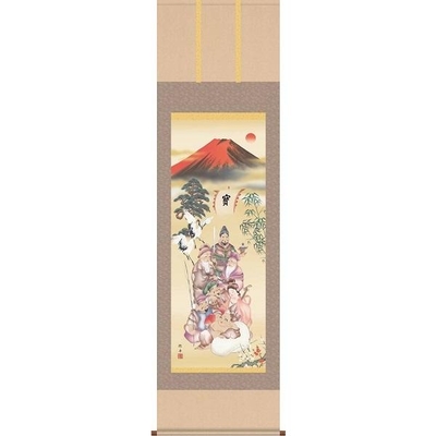 掛軸/開運画/開運七福神/吉祥七福降臨図/長江桂舟/三美会/洛彩緞子本表装/尺五サイズ幅54.5cm/桐箱畳紙収納/表装品質十年保証