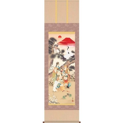 掛軸/開運画/開運七福神/吉祥七福満願図/鵜飼雄平/竹翠会/洛彩緞子本表装/尺三サイズ幅44.5cm/化粧箱収納/表装品質十年保証