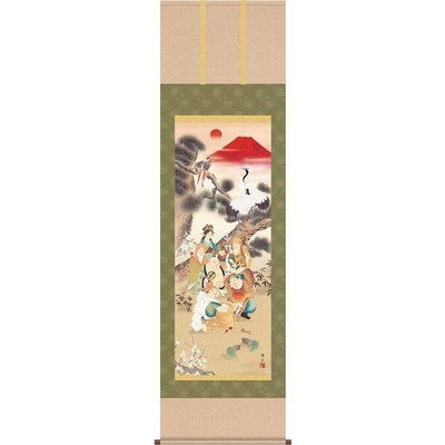 掛軸/開運画/開運七福神/吉祥七福満願図/鵜飼雄平/竹翠会/洛彩緞子本表装/尺五サイズ幅54.5cm/桐箱畳紙収納/表装品質十年保証
