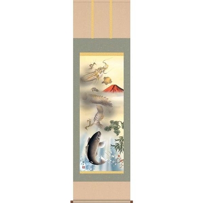 掛軸/開運画/開運龍・虎/天龍昇鯉吉祥図/石田芳園/三美会/洛彩緞子本表装/尺三サイズ幅44.5cm/化粧箱収納/表装品質十年保証
