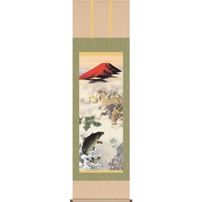 掛軸/開運画/開運鯉/天龍昇鯉吉祥図/長江桂舟/三美会/洛彩緞子本表装/尺五サイズ幅54.5cm/桐箱畳紙収納/表装品質十年保証