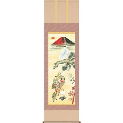 掛軸/開運画/開運鷹/吉祥初夢満願図/長江桂舟/三美会/洛彩緞子本表装/尺五サイズ幅54.5cm/桐箱畳紙収納/表装品質十年保証