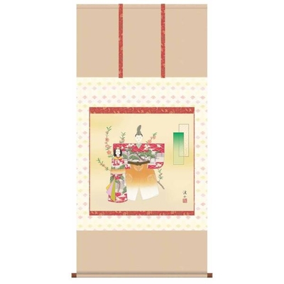 掛け軸/節句画/お雛様/立雛/伊藤渓山/三美会/武田菱金襴本表装/尺八サイズ幅64.5cm/桐箱畳紙収納/表装品質十年保証/ひな祭り掛軸 初節句 桃 雛祭り