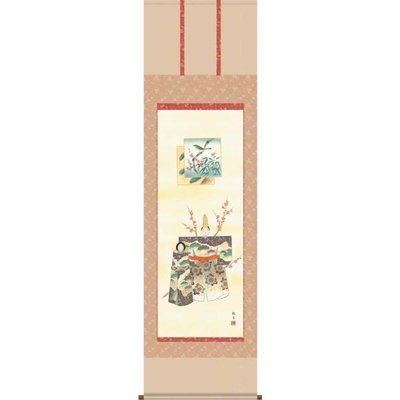 掛け軸/節句画/お雛様/立雛/森山観月/三美会/正絹二丁本表装/尺五サイズ幅54.5cm/桐箱畳紙収納/表装品質十年保証/ひな祭り掛軸 初節句 桃 雛祭り