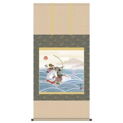 掛け軸/節句画/武者・兜/波上武者/香山緑翠/洛友会/正絹二丁本表装/尺八サイズ幅64.5cm/桐箱畳紙収納/表装品質十年保証/端午の節句掛軸 初節句 こどもの日