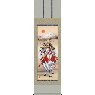 掛け軸/節句画/武者・兜/白馬武者/長江桂舟/三美会/正絹二丁本表装/尺五サイズ幅54.5cm/桐箱畳紙収納/表装品質十年保証/端午の節句掛軸 初節句 こどもの日