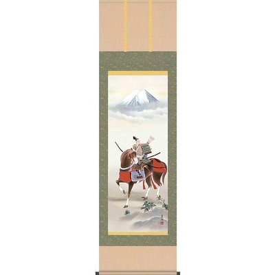 掛け軸/節句画/武者・兜/馬上武者/鈴木翠朋/白翠会/洛彩緞子本表装/尺五サイズ幅54.5cm/桐箱畳紙収納/表装品質十年保証/端午の節句掛軸 初節句 こどもの日