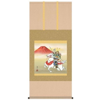 掛け軸/節句画/武者・兜/白馬武者/榎本東山/竹翠会/洛彩緞子本表装/尺五サイズ幅54.5cm/桐箱畳紙収納/表装品質十年保証/端午の節句掛軸 初節句 こどもの日