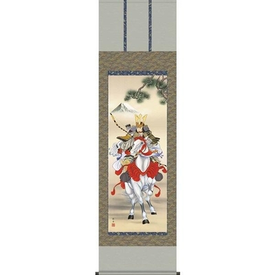 掛け軸/節句画/武者・兜/白馬武者/長江桂舟/三美会/正絹二丁本表装/尺五サイズ幅54.5cm/桐箱畳紙収納/表装品質十年保証/端午の節句掛軸 初節句 こどもの日