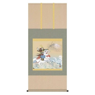 掛け軸/節句画/武者・兜/波上武者/阿部静雅/竹翠会/洛彩緞子本表装/尺五サイズ幅54.5cm/桐箱畳紙収納/表装品質十年保証/端午の節句掛軸 初節句 こどもの日