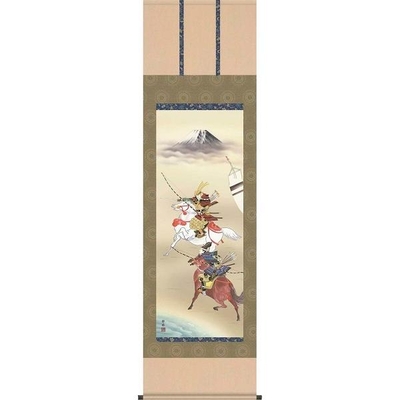 掛け軸/節句画/武者・兜/大成武者/阿部静雅/竹翠会/洛彩緞子本表装/尺五サイズ幅54.5cm/桐箱畳紙収納/表装品質十年保証/端午の節句掛軸 初節句 こどもの日