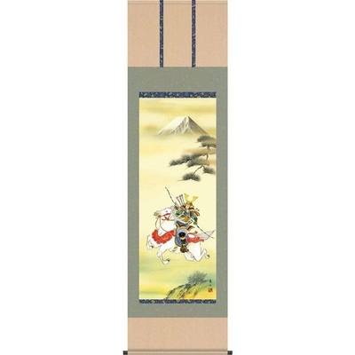 掛け軸/節句画/武者・兜/白馬武者/榎本東山/竹翠会/洛彩緞子本表装/尺五サイズ幅54.5cm/桐箱畳紙収納/表装品質十年保証/端午の節句掛軸 初節句 こどもの日