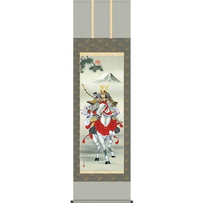 掛け軸/節句画/武者・兜/白馬武者/長江桂舟/三美会/正絹二丁本表装/尺五サイズ幅54.5cm/桐箱畳紙収納/表装品質十年保証/端午の節句掛軸 初節句 こどもの日