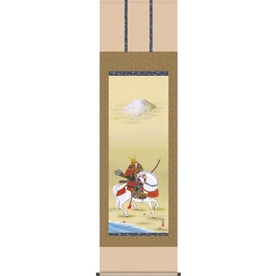 掛け軸/節句画/武者・兜/馬上武者/田中広遠/白翠会/正絹二丁本表装/尺五サイズ幅54.5cm/桐箱畳紙収納/表装品質十年保証/端午の節句掛軸 初節句 こどもの日