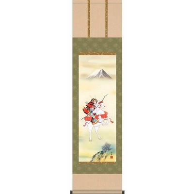 掛け軸/節句画/武者・兜/白馬武者/野川秀華/曉山会/洛彩緞子本表装/尺三サイズ幅44.5cm/化粧箱収納/表装品質十年保証/端午の節句掛軸 初節句 こどもの日