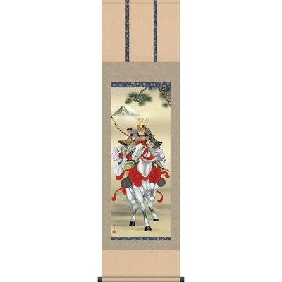 掛け軸/節句画/武者・兜/白馬武者/長江桂舟/三美会/洛彩緞子本表装/尺三サイズ幅44.5cm/化粧箱収納/表装品質十年保証/端午の節句掛軸 初節句 こどもの日