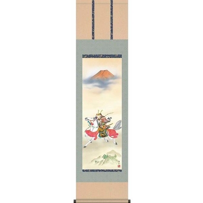 掛け軸/節句画/武者・兜/吉祥武者/宇崎洋山/幸洋会/洛彩緞子本表装/尺三サイズ幅44.5cm/化粧箱収納/表装品質十年保証/端午の節句掛軸 初節句 こどもの日