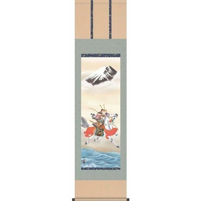 掛け軸/節句画/武者・兜/吉祥武者/宇崎洋山/幸洋会/洛彩緞子本表装/尺三サイズ幅44.5cm/化粧箱収納/表装品質十年保証/端午の節句掛軸 初節句 こどもの日
