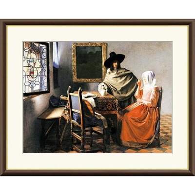 世界の名画　油絵　ワイングラス　ヨハネス フェルメール　F6　52&times;42cm　手彩仕上 高精細巧芸美術画