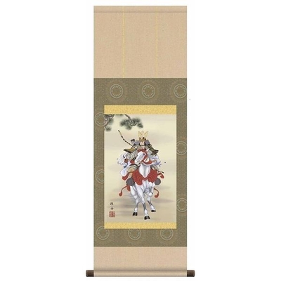 掛け軸/節句画/武者・兜/白馬武者/長江桂舟/三美会/洛彩緞子本表装/尺幅サイズ幅31.5cm/表装品質十年保証/端午の節句掛軸 初節句 こどもの日