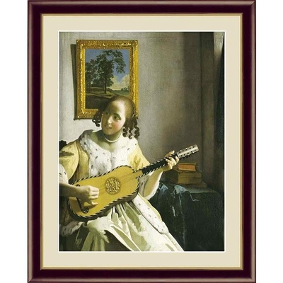 世界の名画　油絵　ギターを弾く女　ヨハネス フェルメール　F4　42&times;34cm　手彩仕上 高精細巧芸美術画