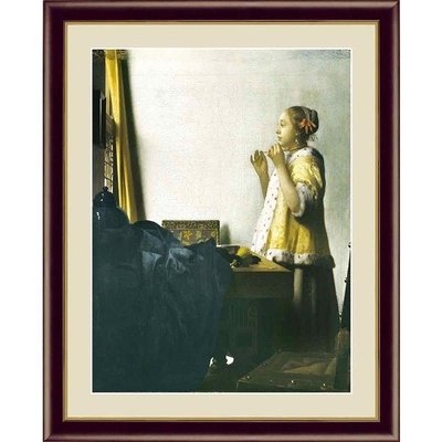 世界の名画　油絵　真珠のネックレスを持つ少女　ヨハネス フェルメール　F4　42&times;34cm　手彩仕上 高精細巧芸美術画