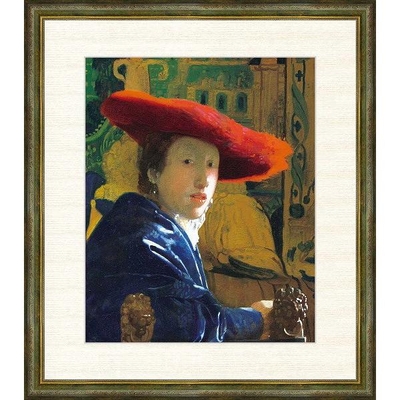 世界の名画　油絵　赤い帽子の女　ヨハネス フェルメール　F8　61&times;49.5cm　手彩仕上 高精細巧芸美術画