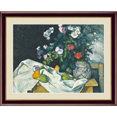 世界の名画　油絵　花と果物のある静物　セザンヌ　F4　42&times;34cm　手彩仕上 高精細巧芸美術画