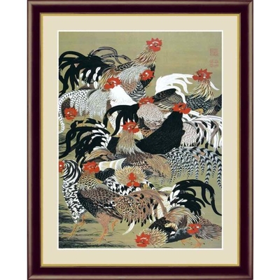 日本の名画　日本画　群鶏図　伊藤若冲　F4　42&times;34cm　手彩仕上 高精細巧芸美術画