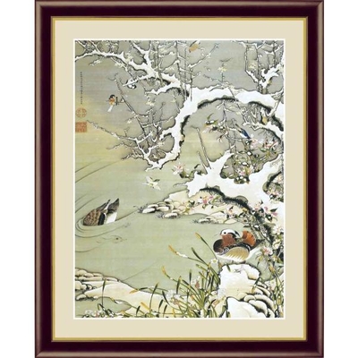 日本の名画　日本画　雪中遊禽図　伊藤若冲　F4　42&times;34cm　手彩仕上 高精細巧芸美術画