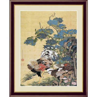 日本の名画　日本画　紫陽花双鶏図　伊藤若冲　F6　52&times;42cm　手彩仕上 高精細巧芸美術画
